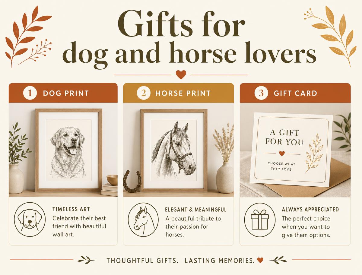 Infographic showing three gift options for animal lovers — a framed dog print, a framed horse print and a gift card