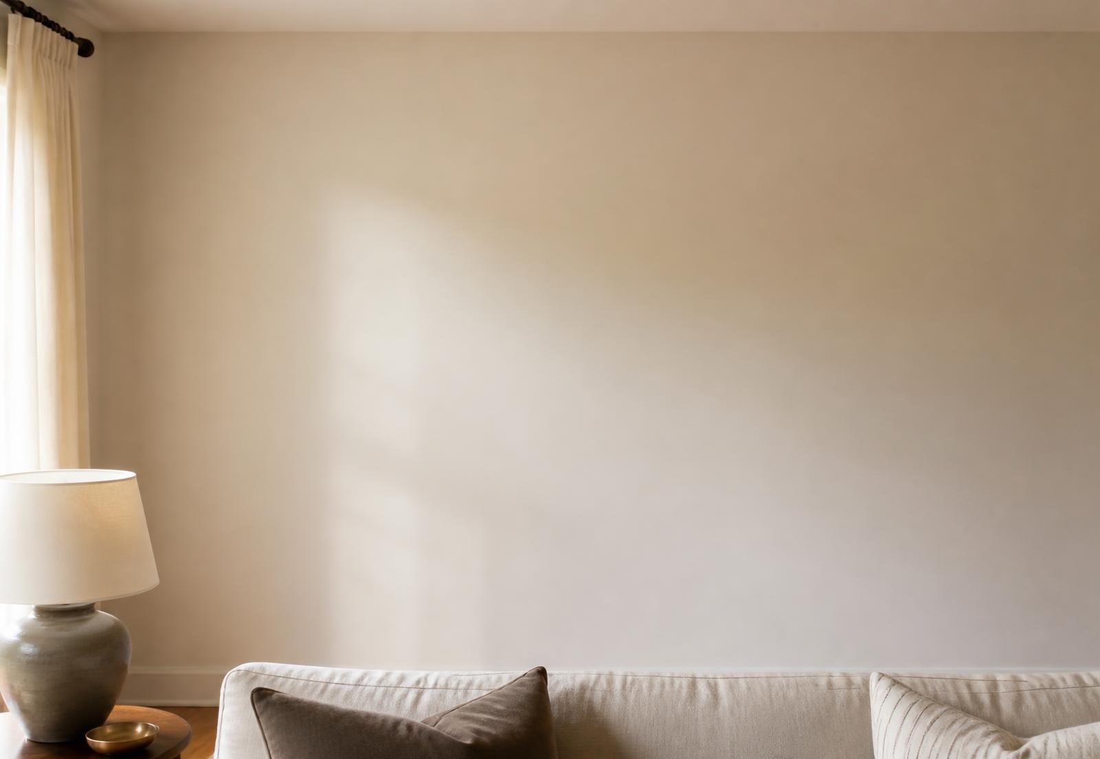 Cream living room with three oak-framed Irish landscape and countryside photography prints hung above a linen sofa
