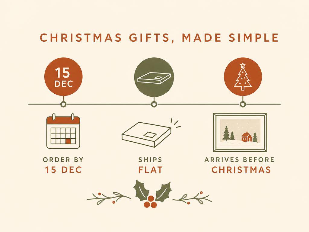Infographic showing a Christmas order timeline — order by 15 December, ships flat, arrives before Christmas — with a framed print icon