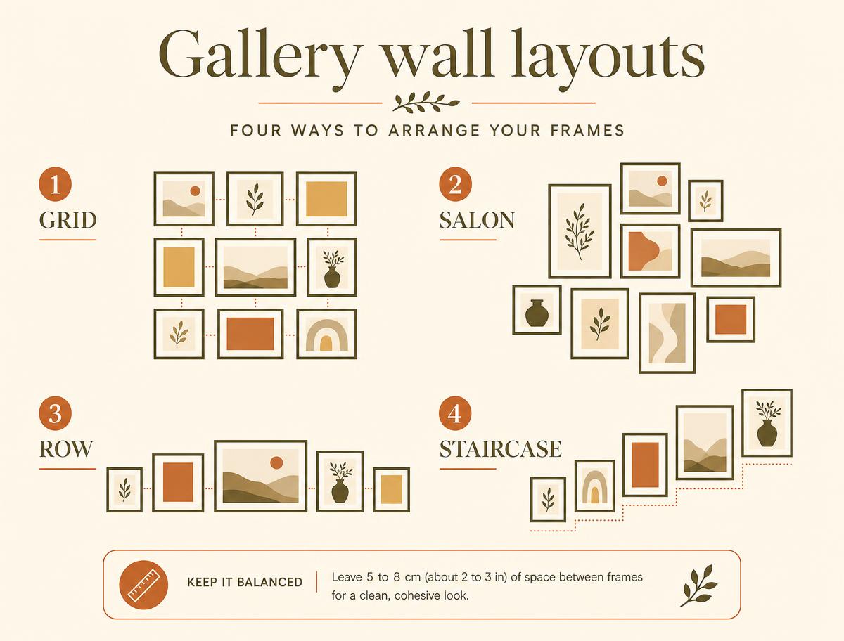 Infographic comparing four gallery wall layouts — grid, salon, row and staircase — with a note to leave 5 to 8 cm between frames