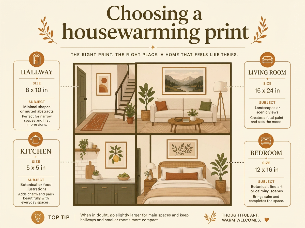 Infographic showing which print size and subject suits a hallway, living room, kitchen and bedroom in a new home