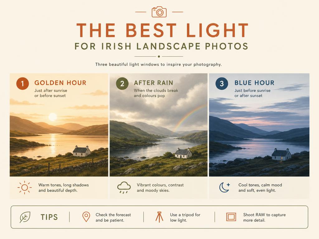 Infographic comparing three light conditions for Irish landscape photography — golden hour, after rain and blue hour — with tips for each