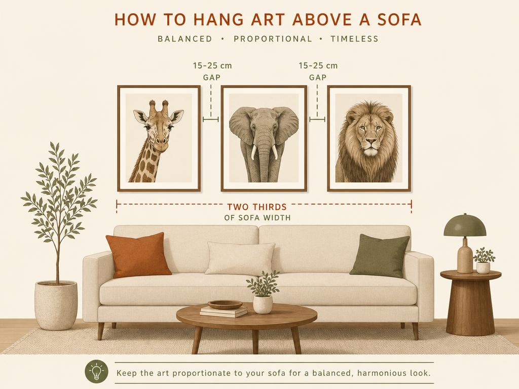 Infographic showing three framed animal prints hung above a sofa, labelled with a 15 to 25 cm gap and artwork spanning two thirds of the sofa width