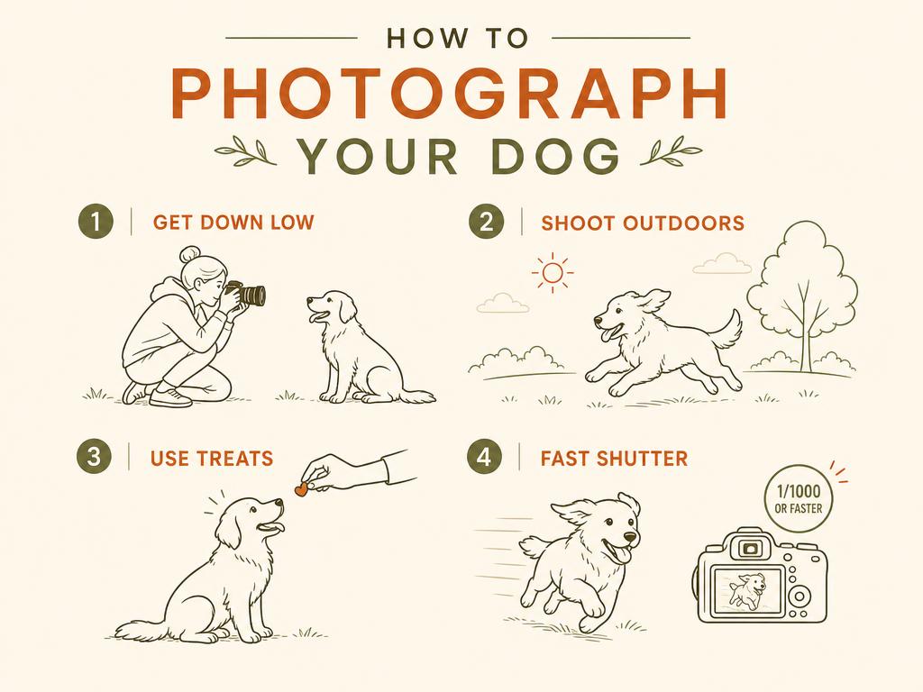 Infographic with four dog photography tips illustrated — get down low, shoot outdoors, use treats and use a fast shutter speed