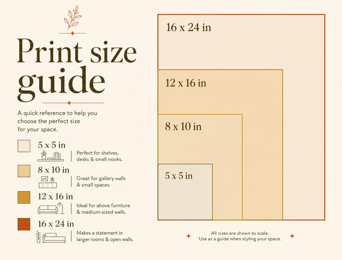 Infographic showing four print sizes drawn to scale — 5 by 5, 8 by 10, 12 by 16 and 16 by 24 inches — with the rooms each suits