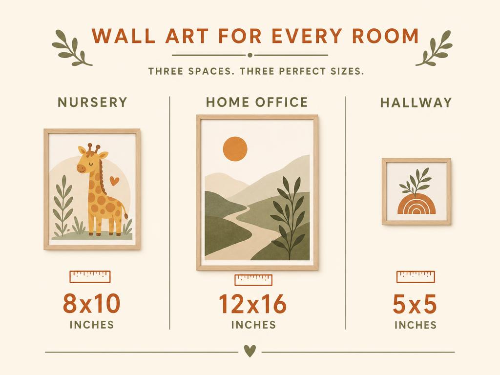 Infographic comparing wall art for three rooms — nursery at 8×10 inches, home office at 12×16 inches and hallway at 5×5 inches