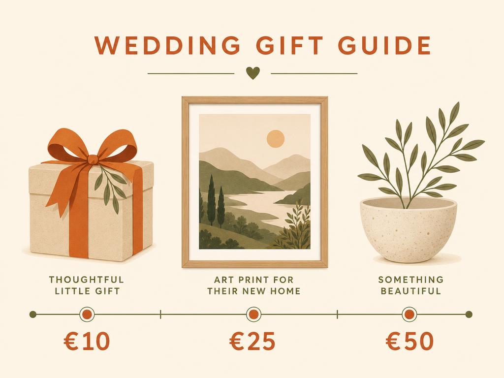 Infographic showing a wrapped gift, a framed landscape print and a price scale marked €10, €25 and €50 for wedding gift budgets